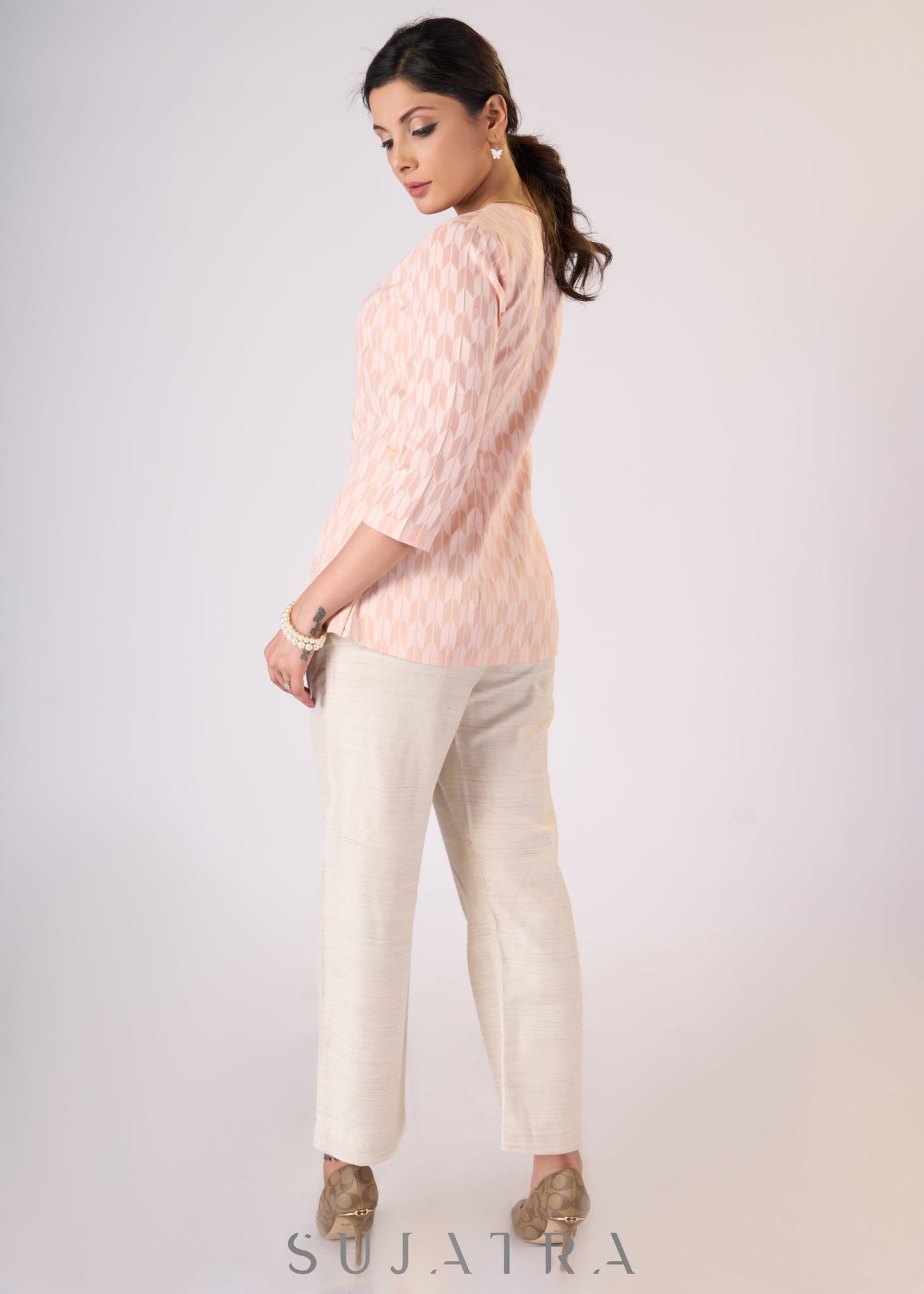 Classy Peach cotton sqaure neck top - Pant additional