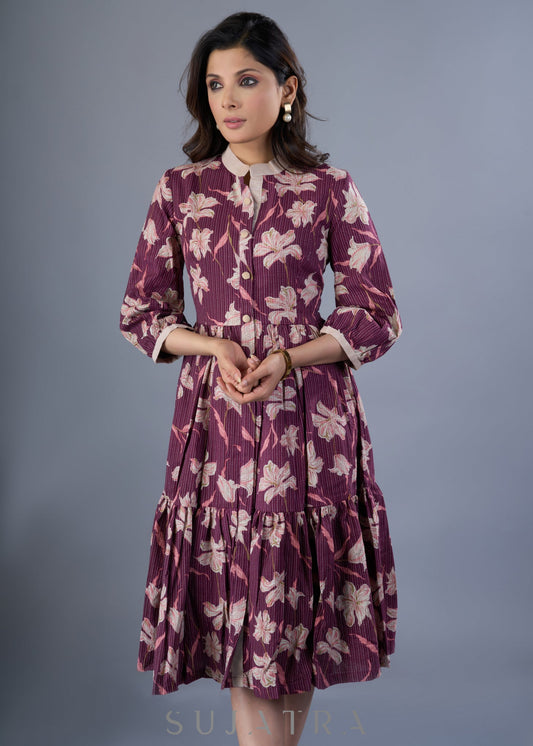 Stylish Wine Cotton Floral Kantha Stitch Dress With Mandarin Collar