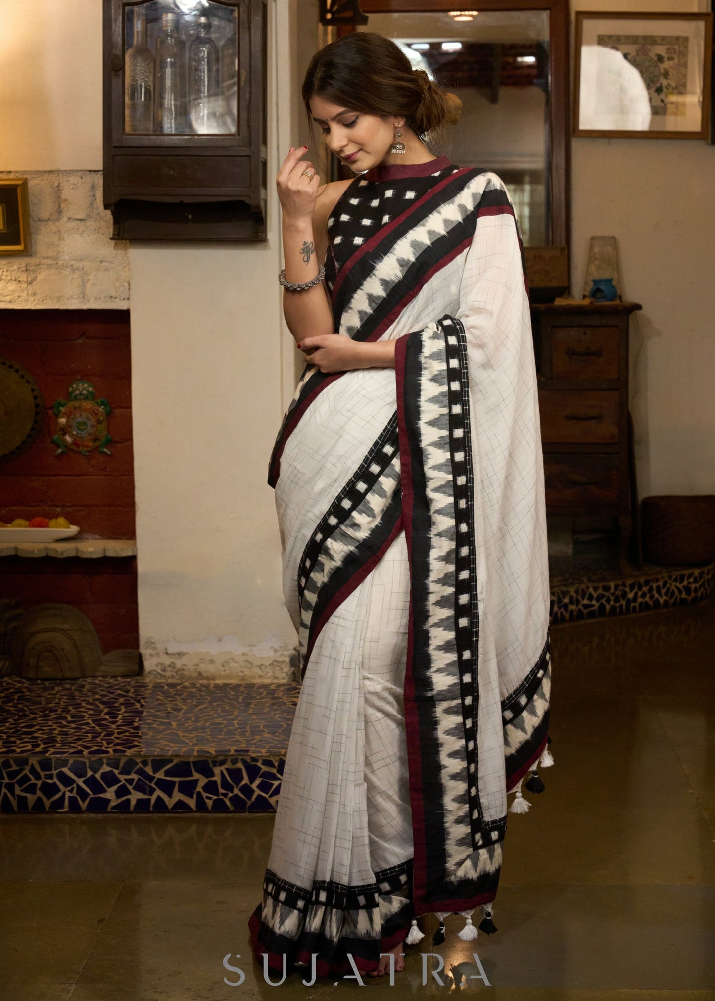 Stylish white cotton saree with ikat combination