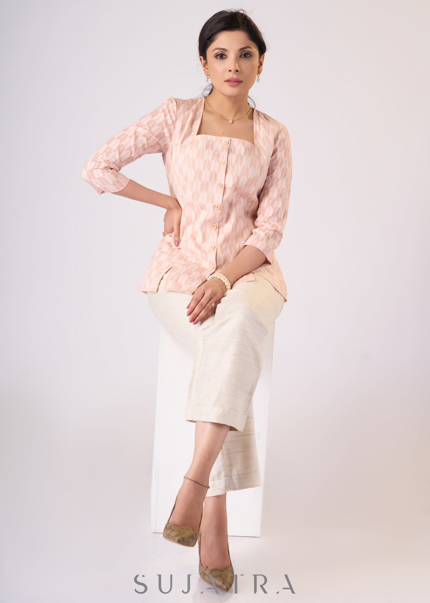 Classy Peach cotton sqaure neck top - Pant additional