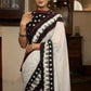 Stylish white cotton saree with ikat combination