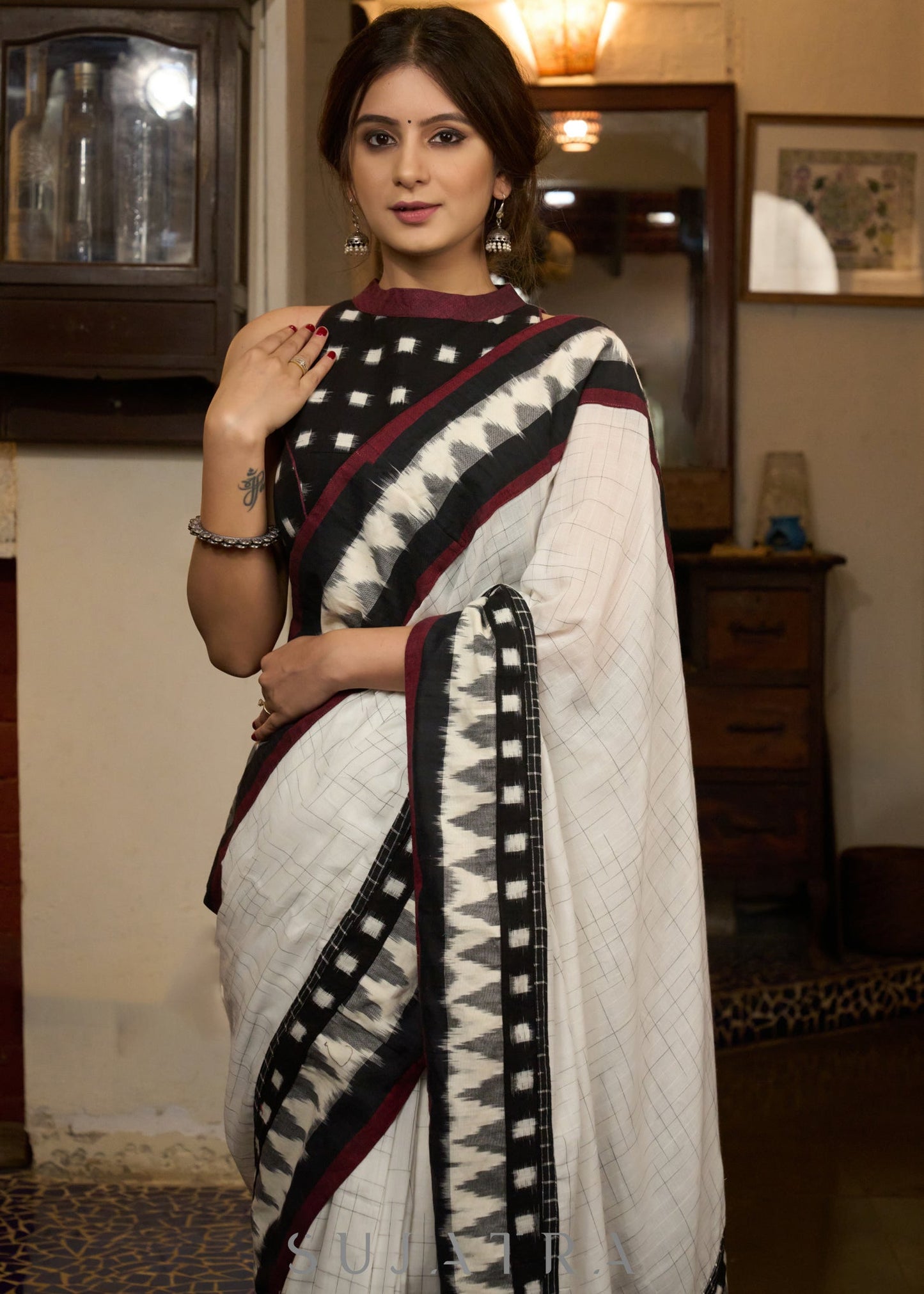 Stylish white cotton saree with ikat combination