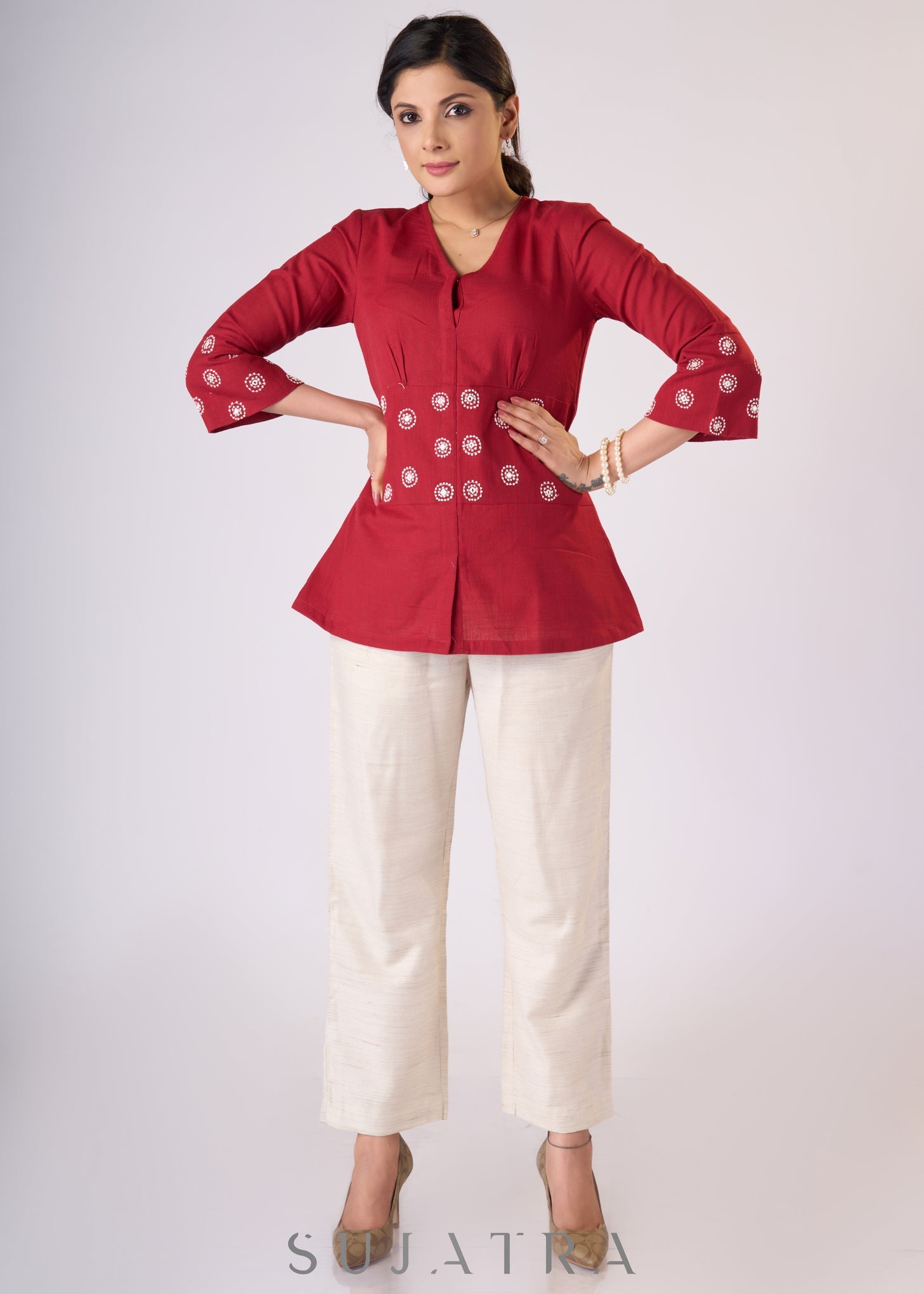 Trendy Maroon cotton top with embroidery on waist yoke & sleeves - Pant Additional