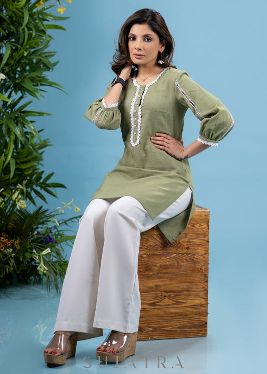 Elegant sage green cotton tunic highlighted with beautiful lace