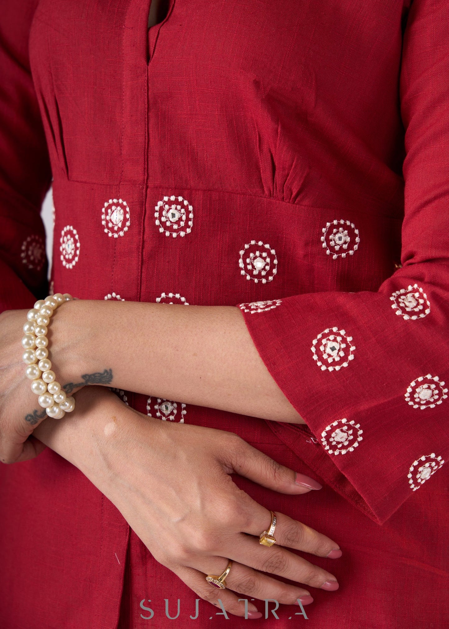 Trendy Maroon cotton top with embroidery on waist yoke & sleeves - Pant Additional