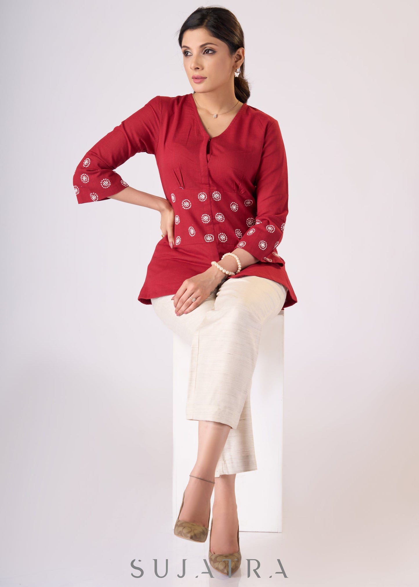 Trendy Maroon cotton top with embroidery on waist yoke & sleeves - Pant Additional