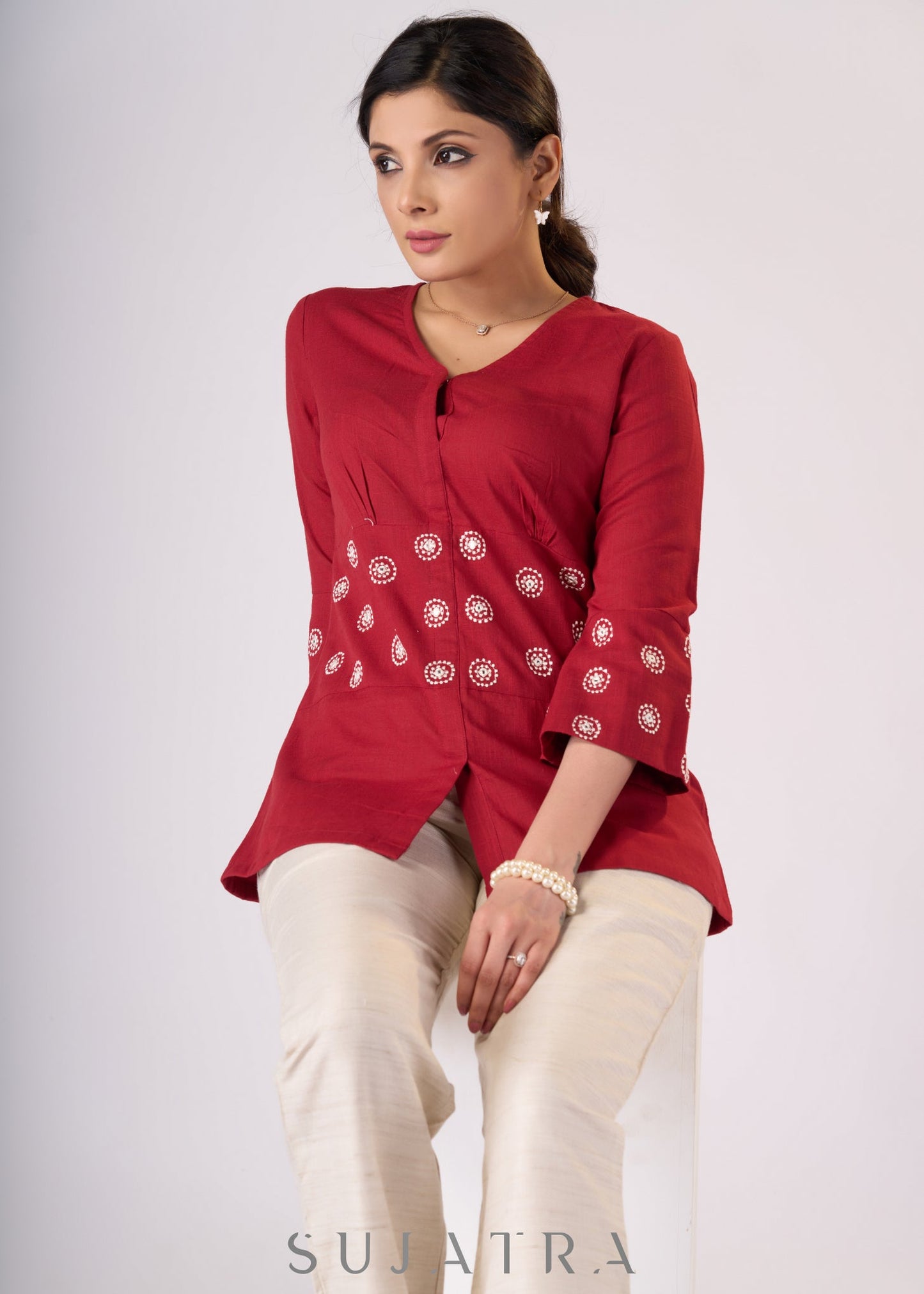 Trendy Maroon cotton top with embroidery on waist yoke & sleeves - Pant Additional