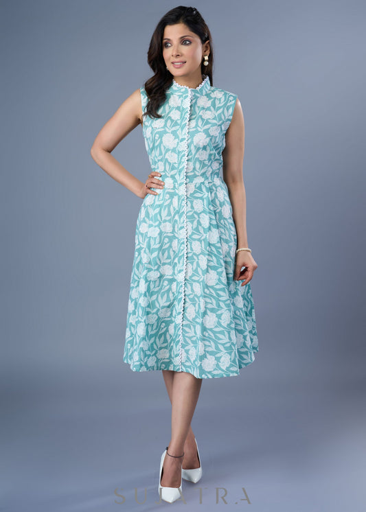 Soothing Mint Green Sleeveless Cotton Printed Dress