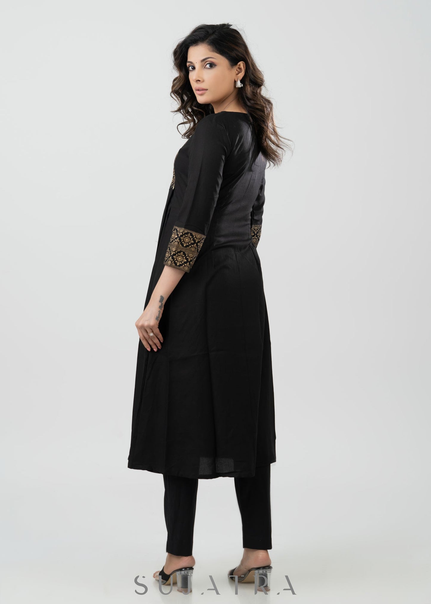 Stylish Black Rayon Kurta With Gold Foil Yoke - Pant Optional