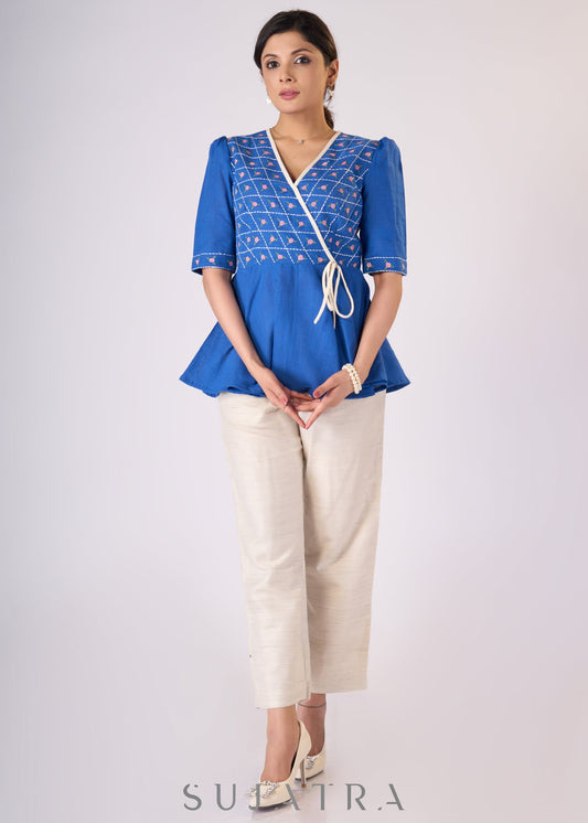 Cobalt blue peplum top with embroidery - Pant Optional