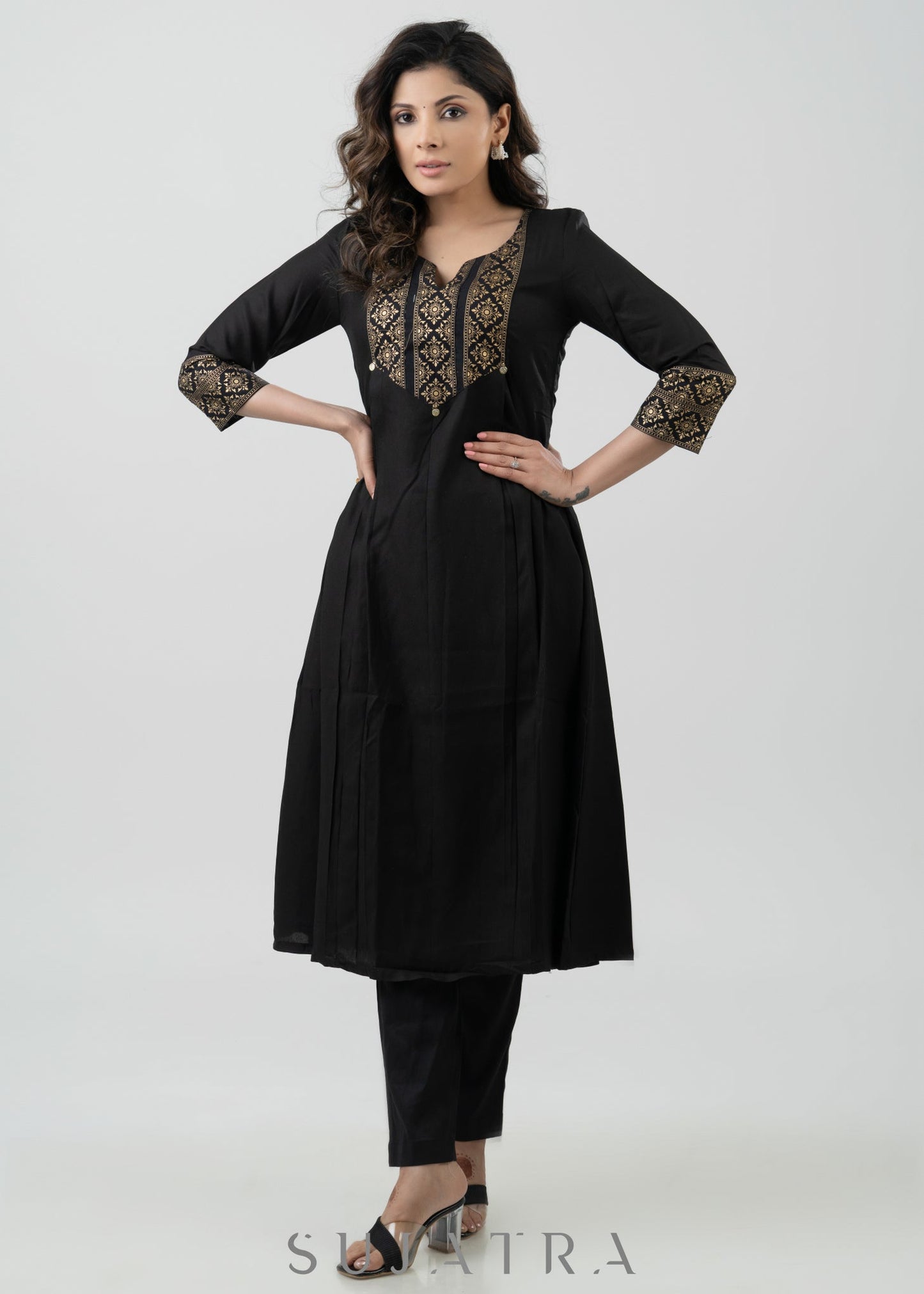 Stylish Black Rayon Kurta With Gold Foil Yoke - Pant Optional