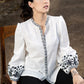 Classy White Cotton Shirt with Mandarin Collar and Floral Embroidery on Sleeves