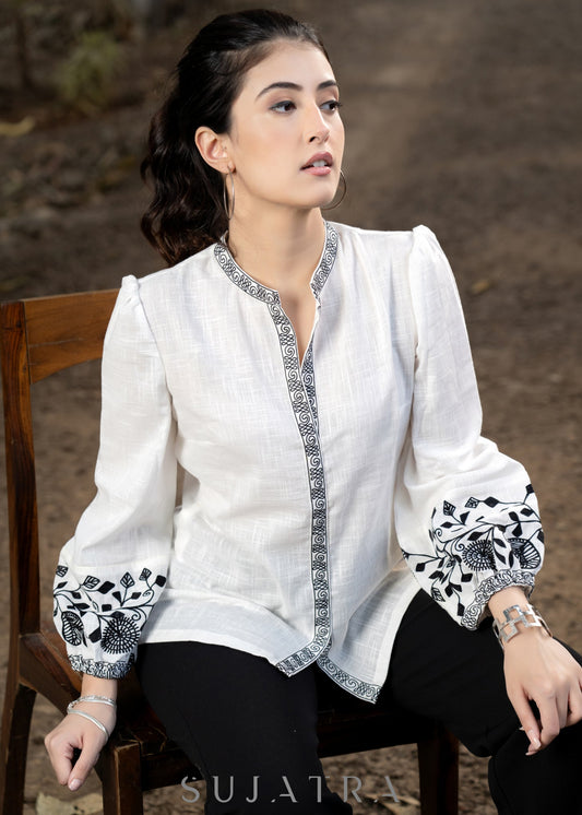 Classy White Cotton Shirt with Mandarin Collar and Floral Embroidery on Sleeves