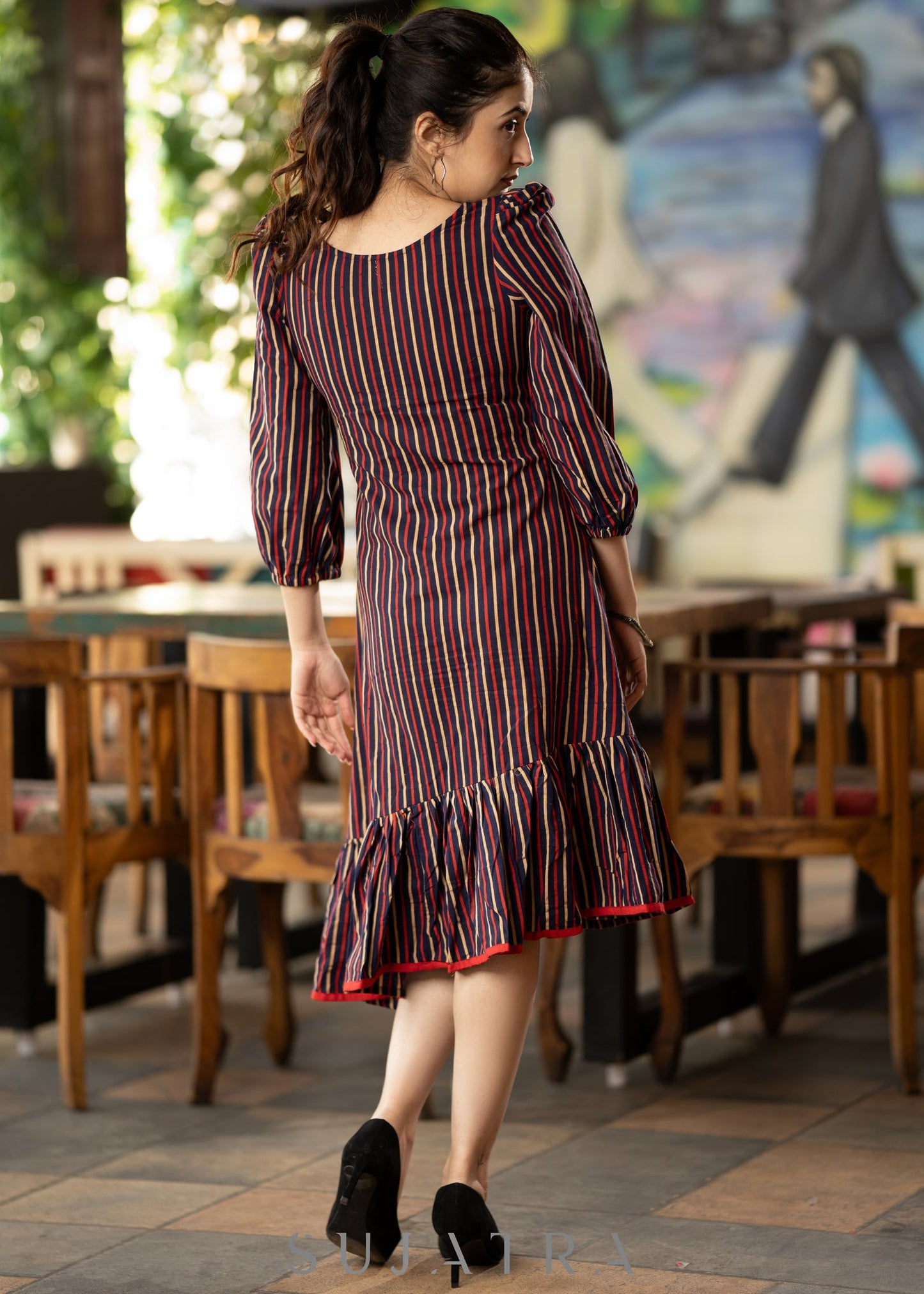 Beautiful Striped cotton dress with asymmetrical hem