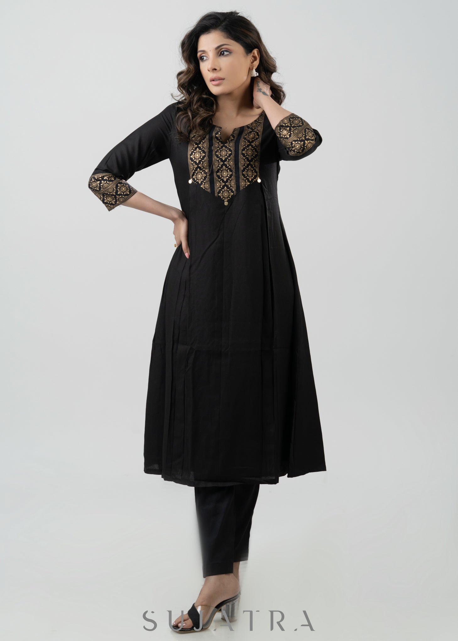 Stylish Black Rayon Kurta With Gold Foil Yoke - Pant Optional