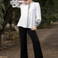 Classy White Cotton Shirt with Mandarin Collar and Floral Embroidery on Sleeves