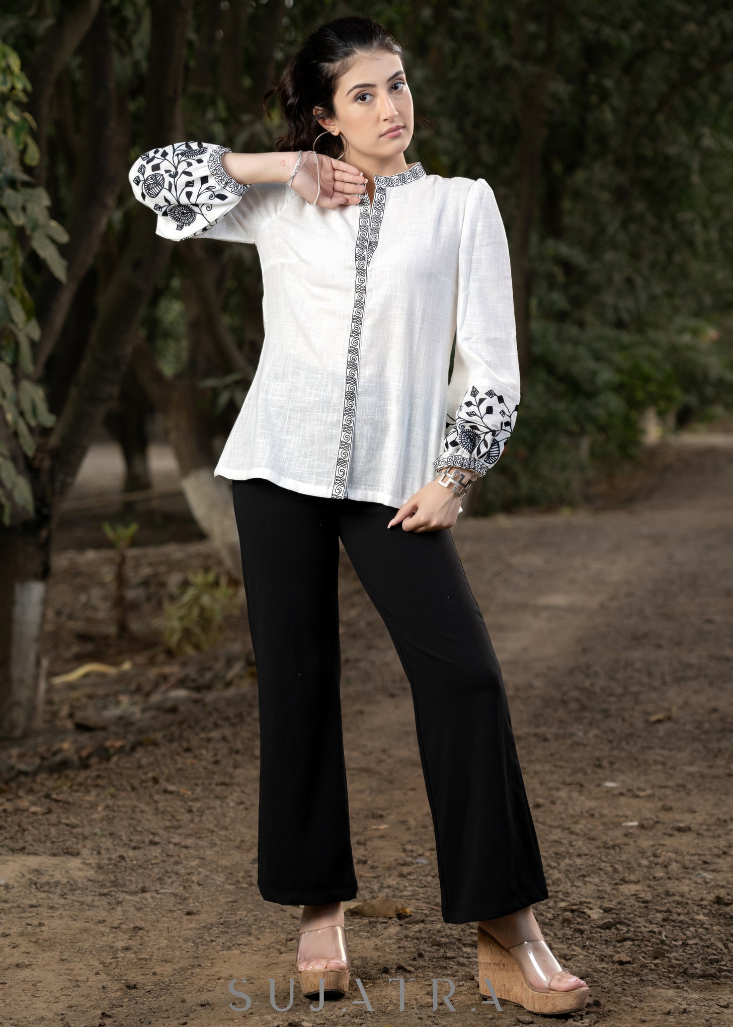 Classy White Cotton Shirt with Mandarin Collar and Floral Embroidery on Sleeves