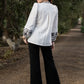 Classy White Cotton Shirt with Mandarin Collar and Floral Embroidery on Sleeves