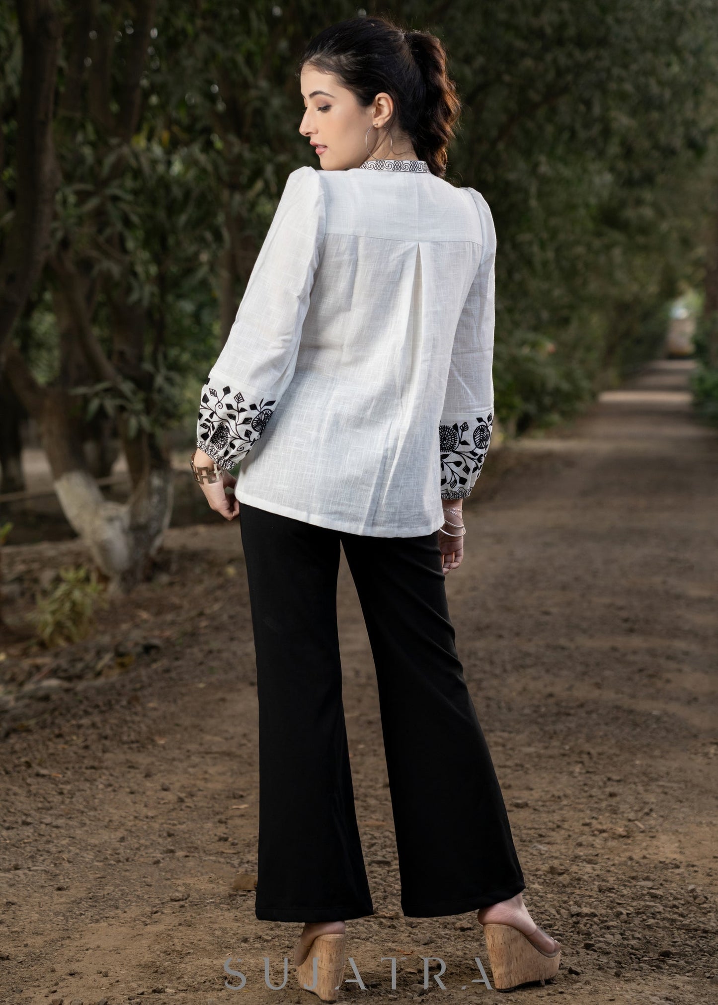 Classy White Cotton Shirt with Mandarin Collar and Floral Embroidery on Sleeves