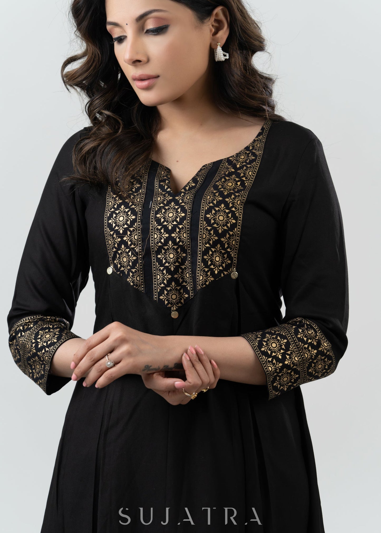 Stylish Black Rayon Kurta With Gold Foil Yoke - Pant Optional