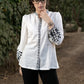 Classy White Cotton Shirt with Mandarin Collar and Floral Embroidery on Sleeves