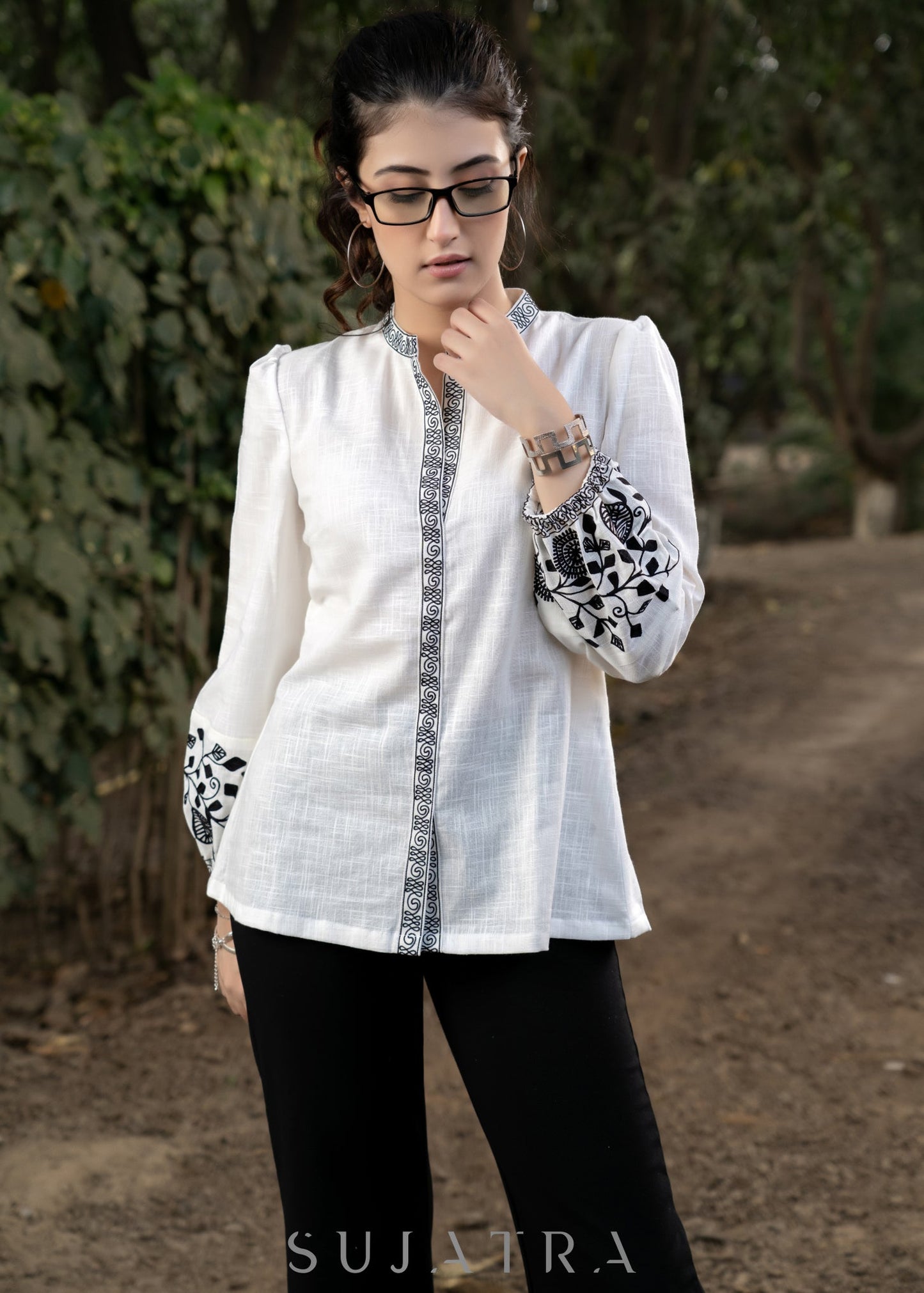 Classy White Cotton Shirt with Mandarin Collar and Floral Embroidery on Sleeves