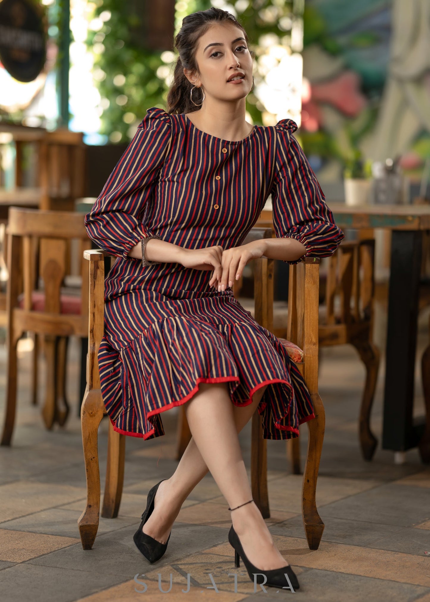 Beautiful Striped cotton dress with asymmetrical hem