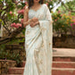 Stylish ice blue floral printed saree highlighted with beautiful golden embroidery