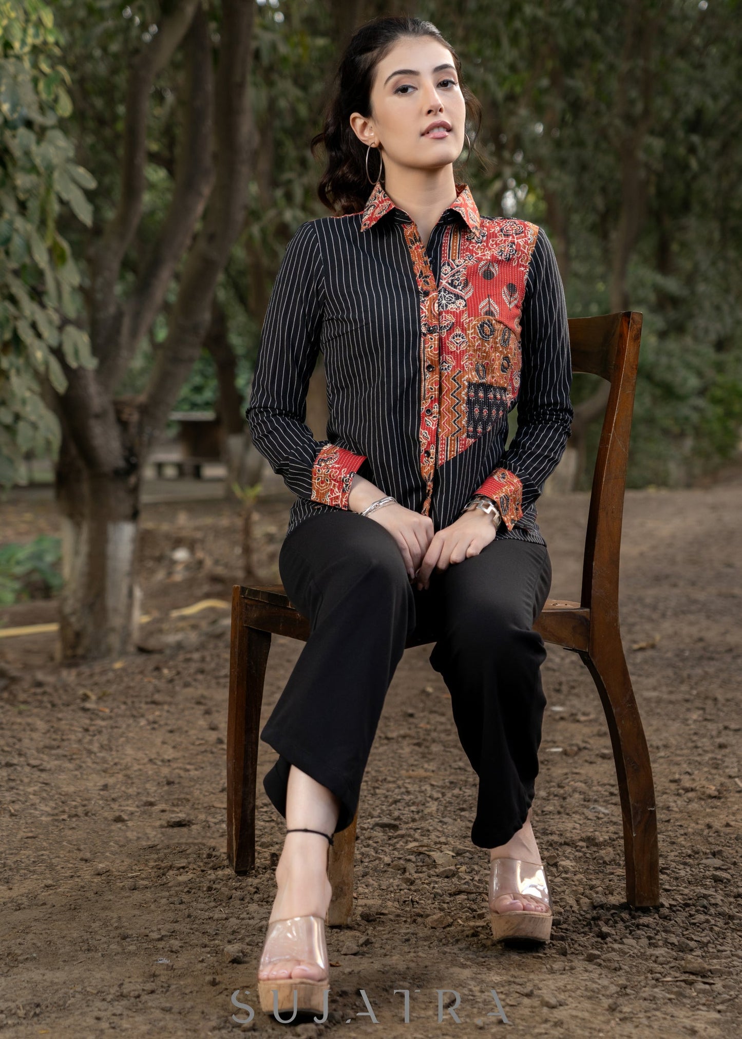 Trendy Black Striped Cotton Ikat Shirt with Classy Patchwork Combination