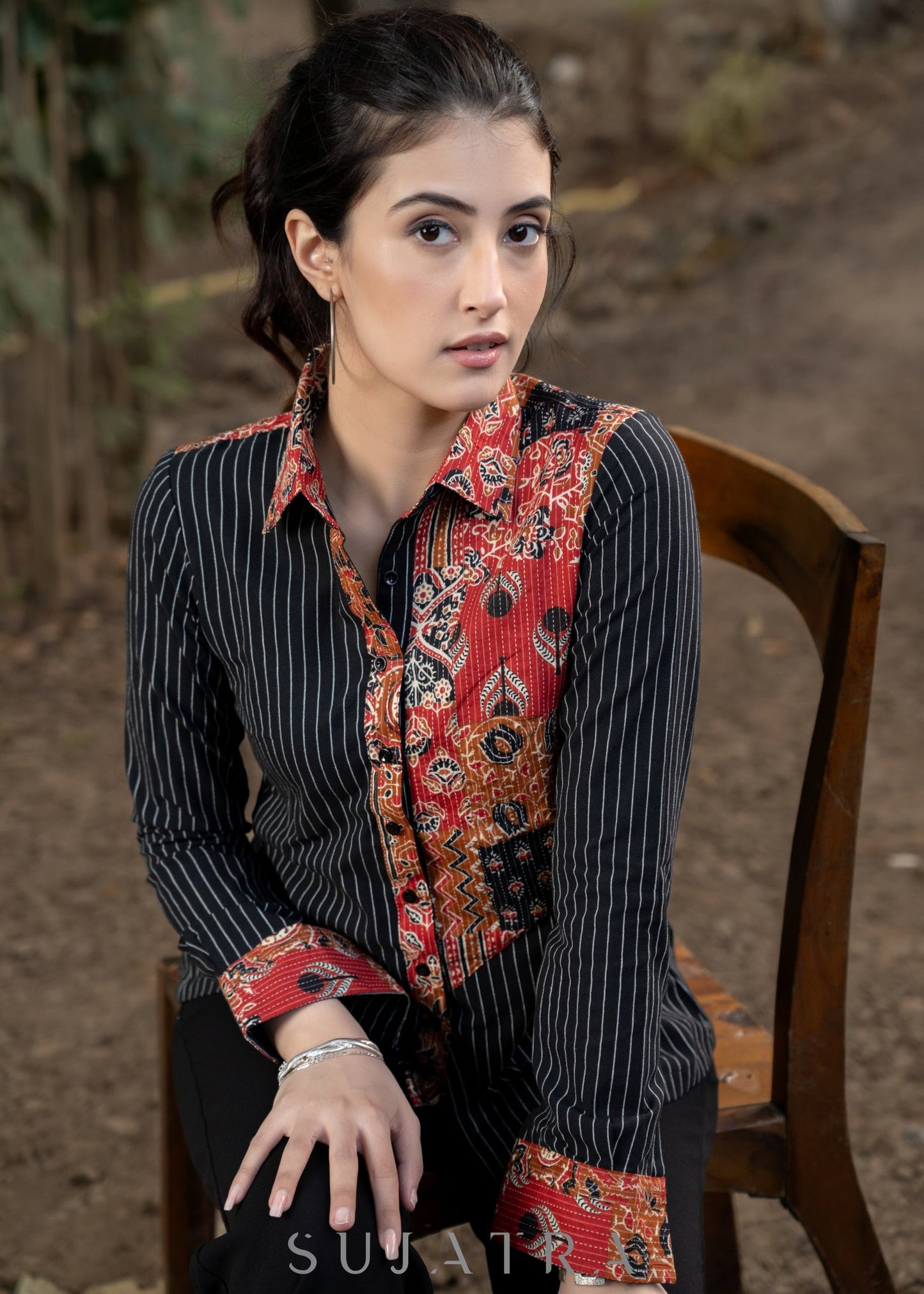 Trendy Black Striped Cotton Ikat Shirt with Classy Patchwork Combination