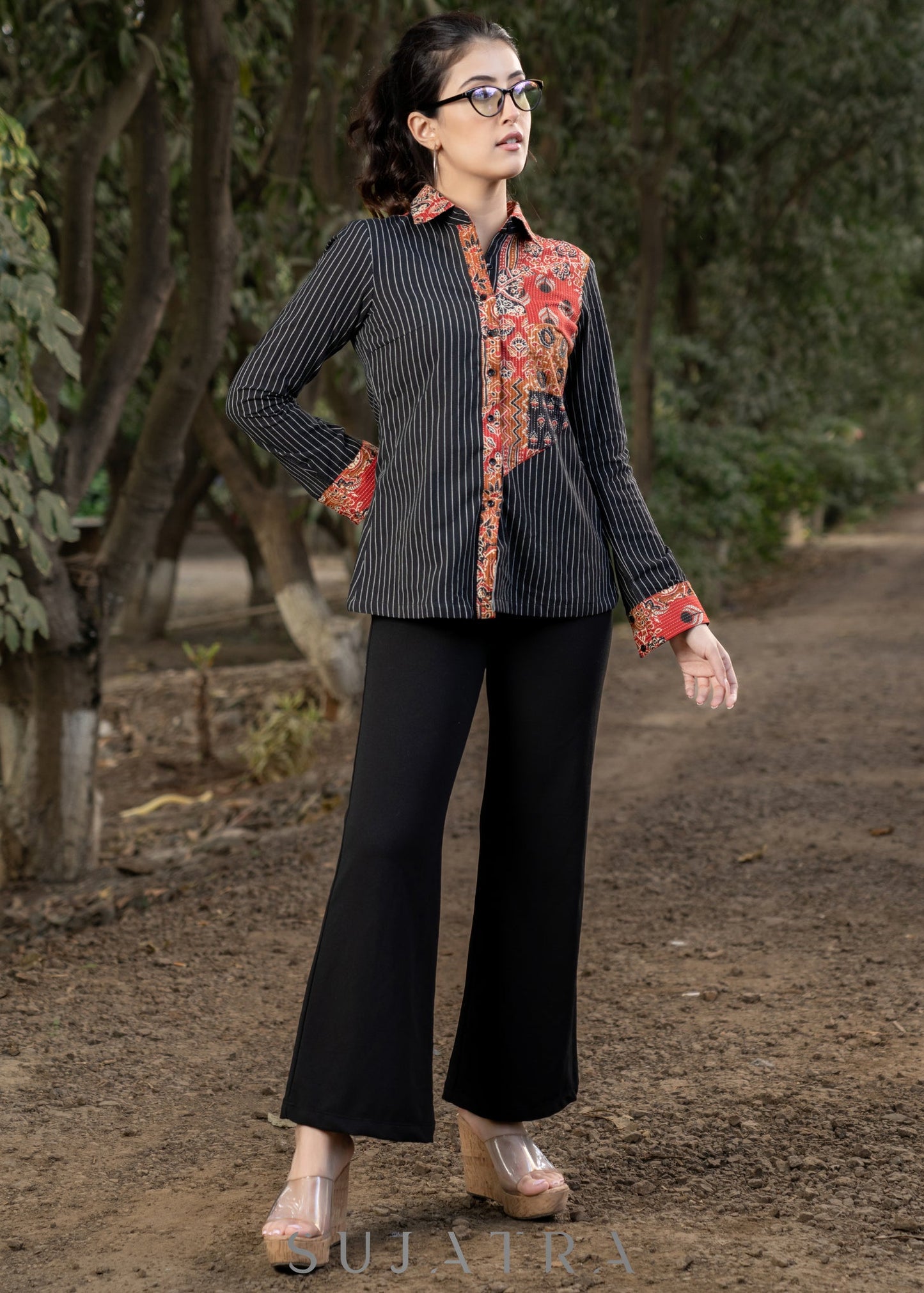 Trendy Black Striped Cotton Ikat Shirt with Classy Patchwork Combination