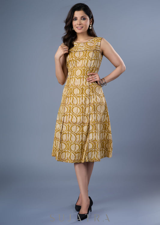 Stylish Mustard Cotton Block Printed Sleeveless Dress