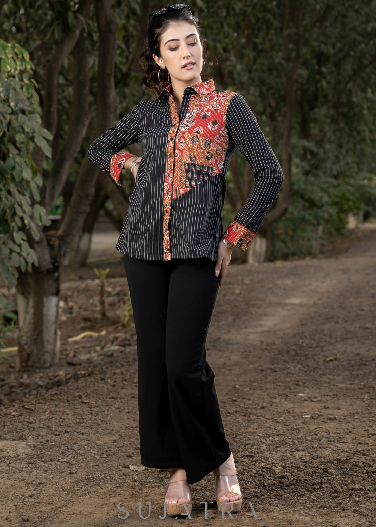 Trendy Black Striped Cotton Ikat Shirt with Classy Patchwork Combination