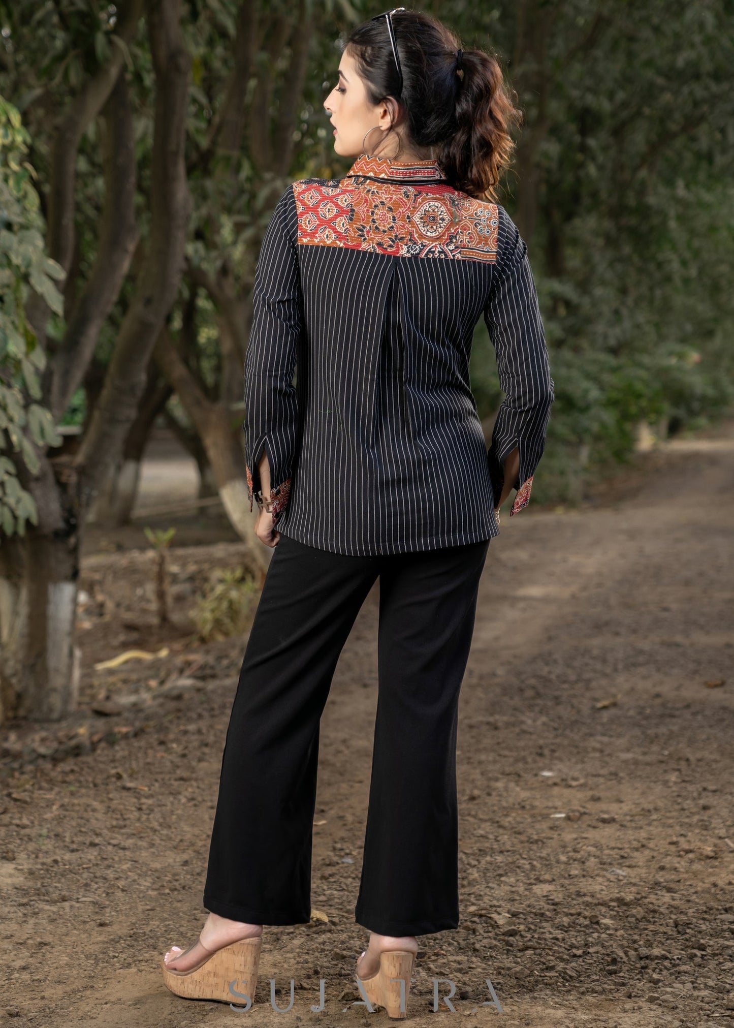 Trendy Black Striped Cotton Ikat Shirt with Classy Patchwork Combination