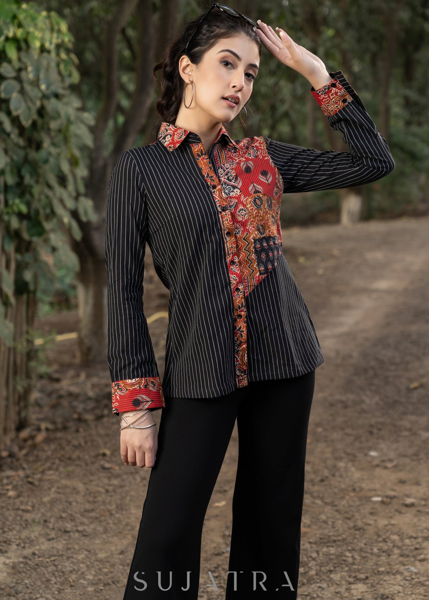 Trendy Black Striped Cotton Ikat Shirt with Classy Patchwork Combination