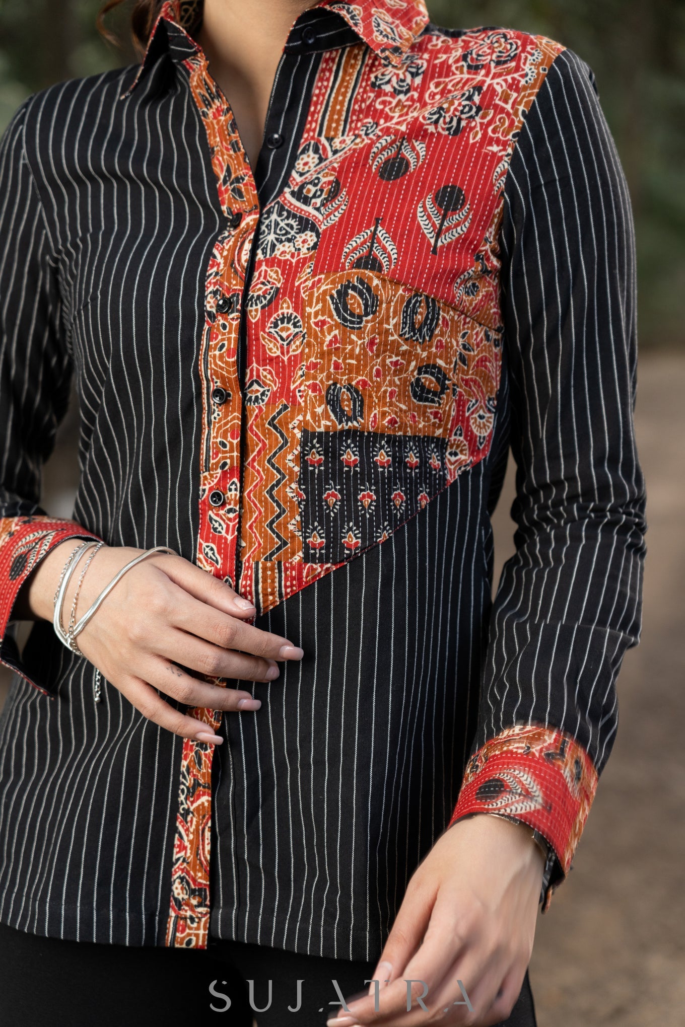 Trendy Black Striped Cotton Ikat Shirt with Classy Patchwork Combination