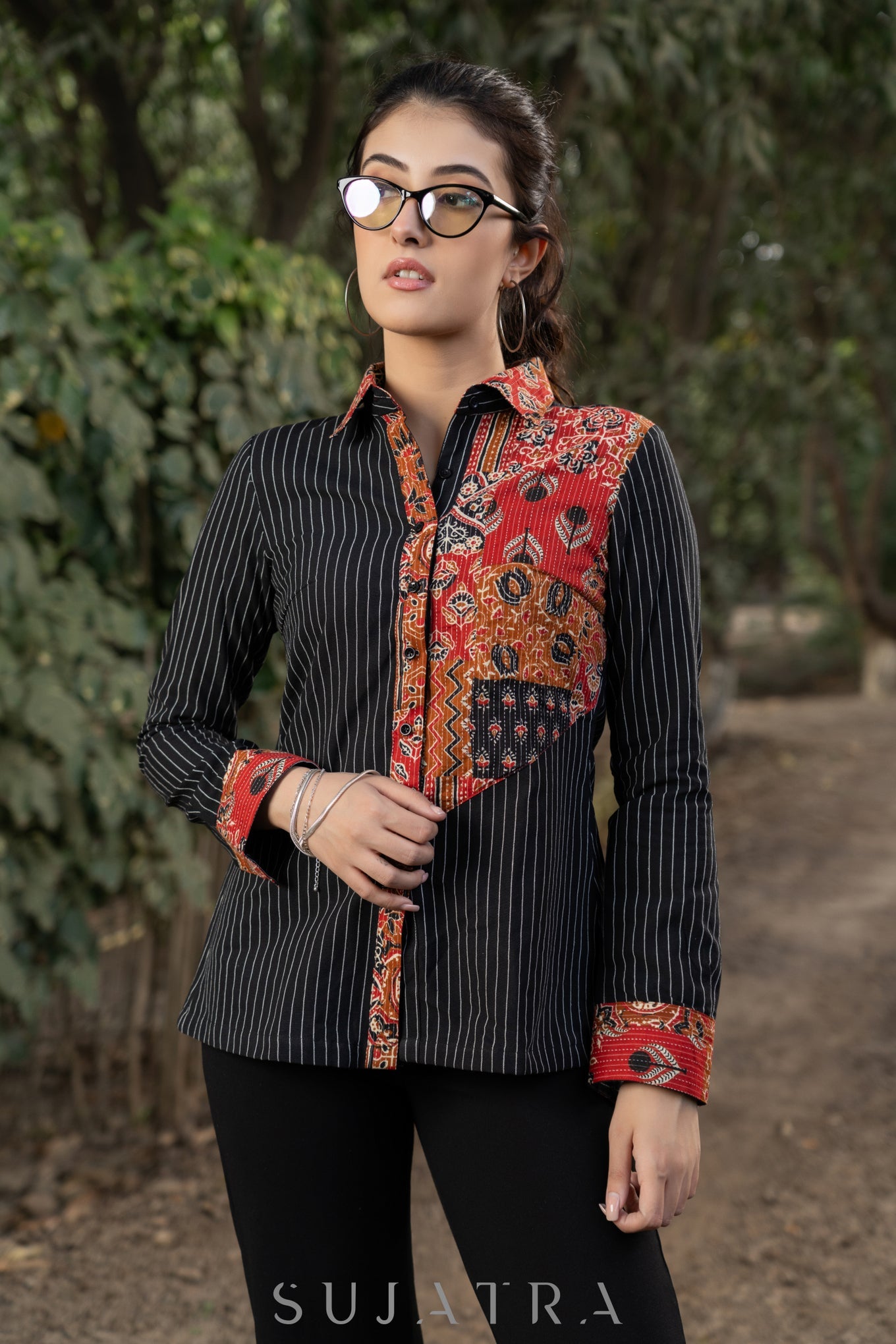 Trendy Black Striped Cotton Ikat Shirt with Classy Patchwork Combination