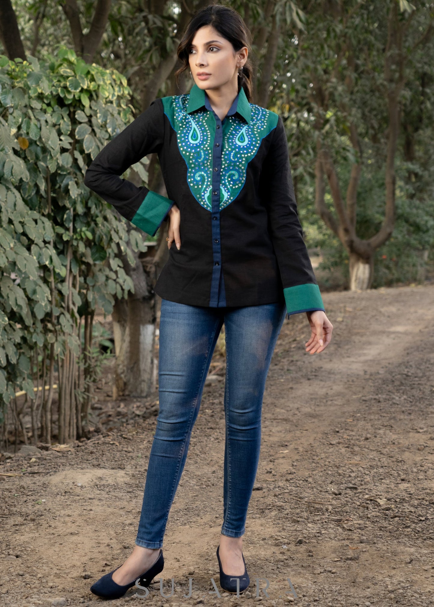 Standout Black Cotton Shirt with Paisley Embroidered Yoke and Silver Highlights