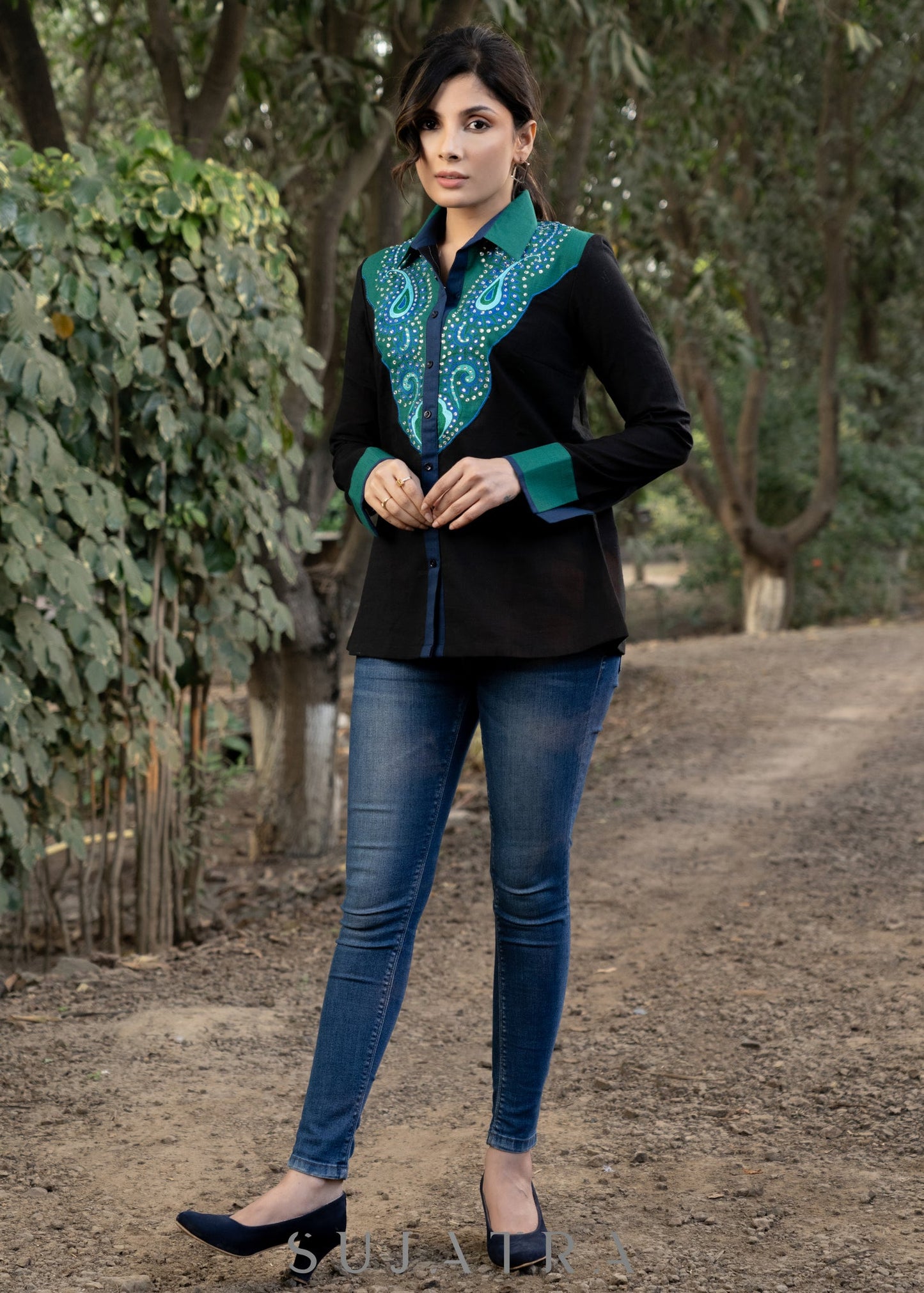 Standout Black Cotton Shirt with Paisley Embroidered Yoke and Silver Highlights