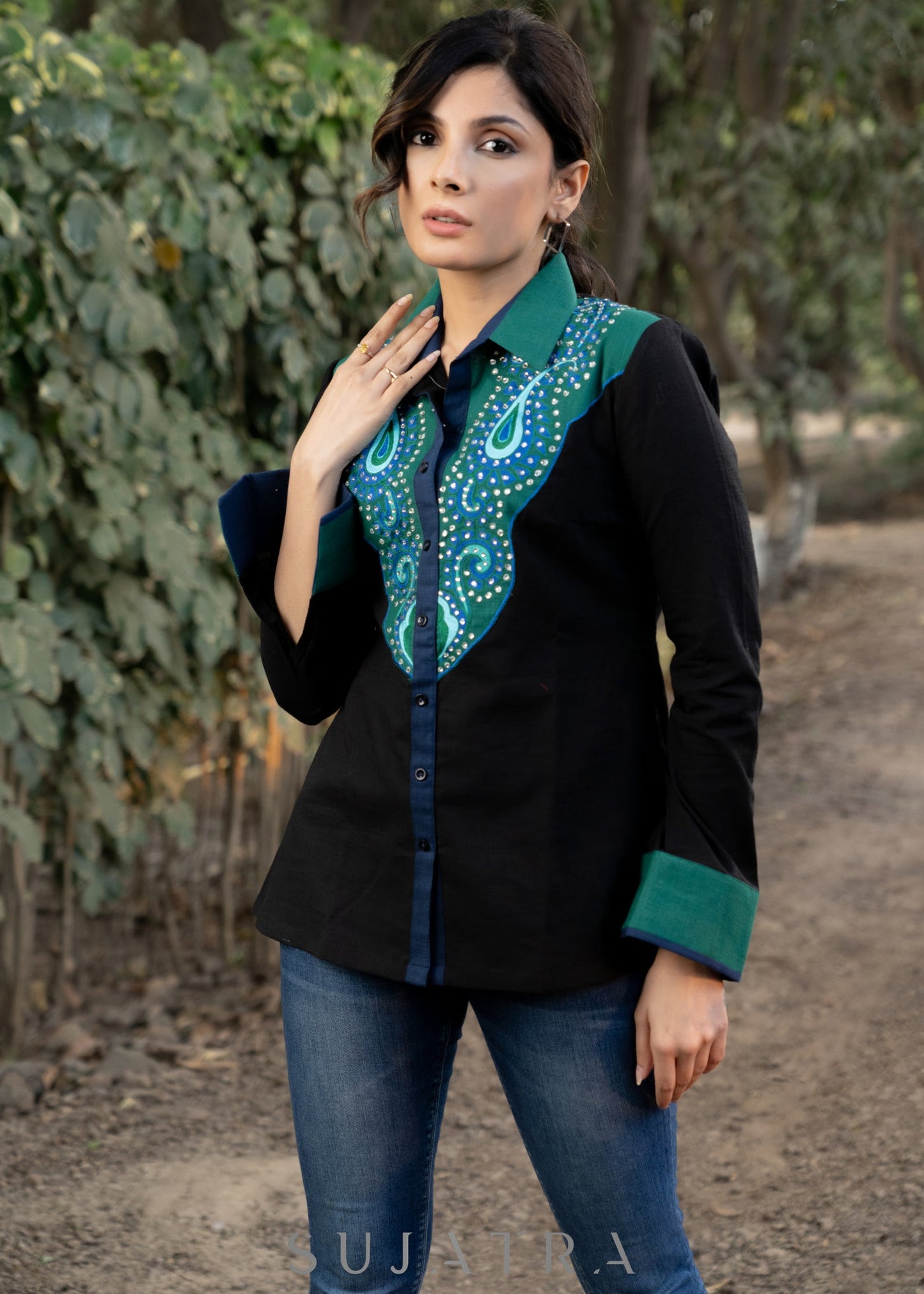 Standout Black Cotton Shirt with Paisley Embroidered Yoke and Silver Highlights