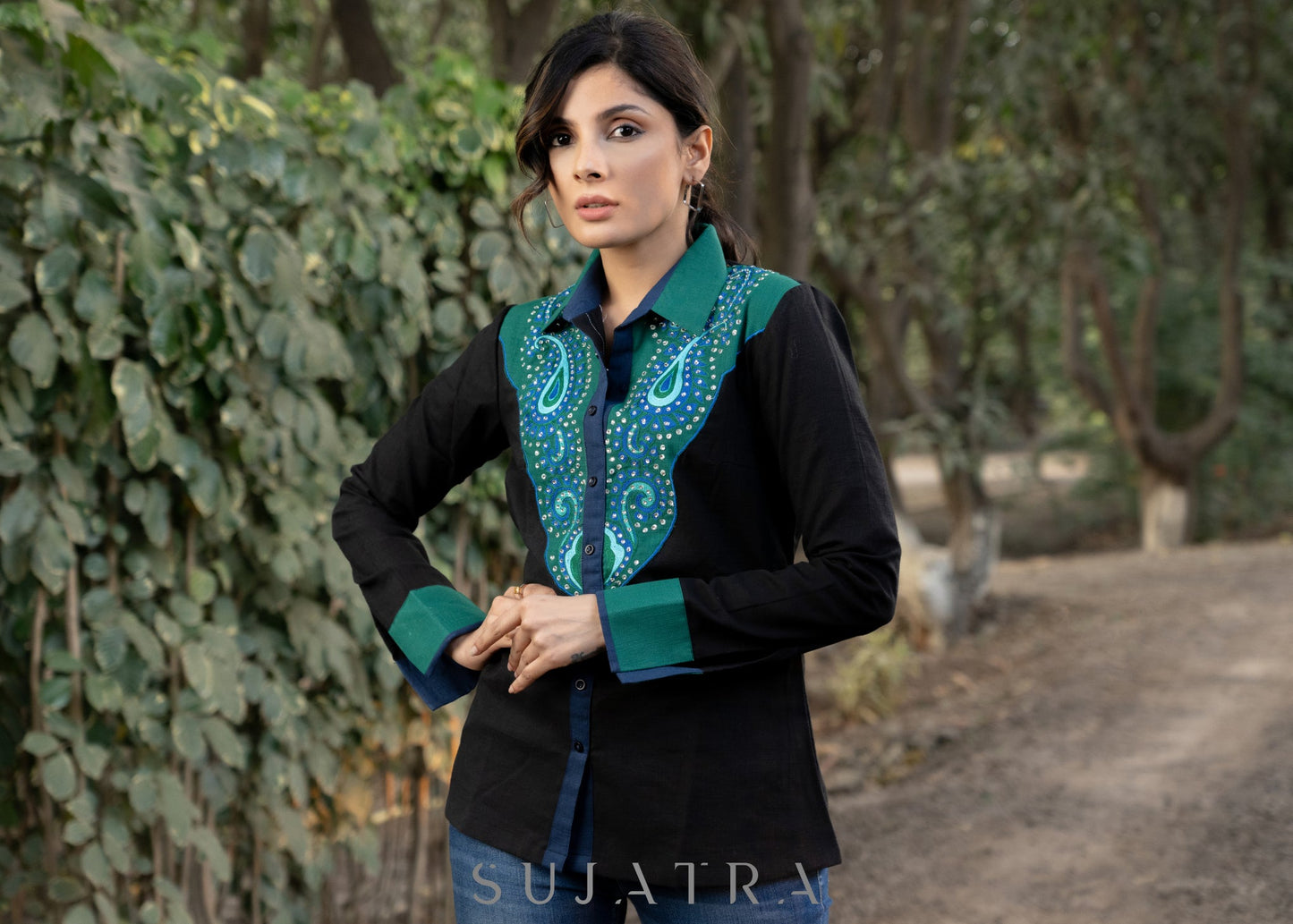 Standout Black Cotton Shirt with Paisley Embroidered Yoke and Silver Highlights