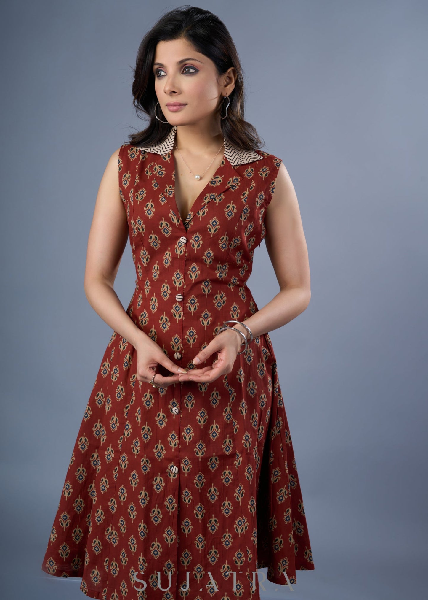 Easy Maroon Cotton Printed Collar Dress