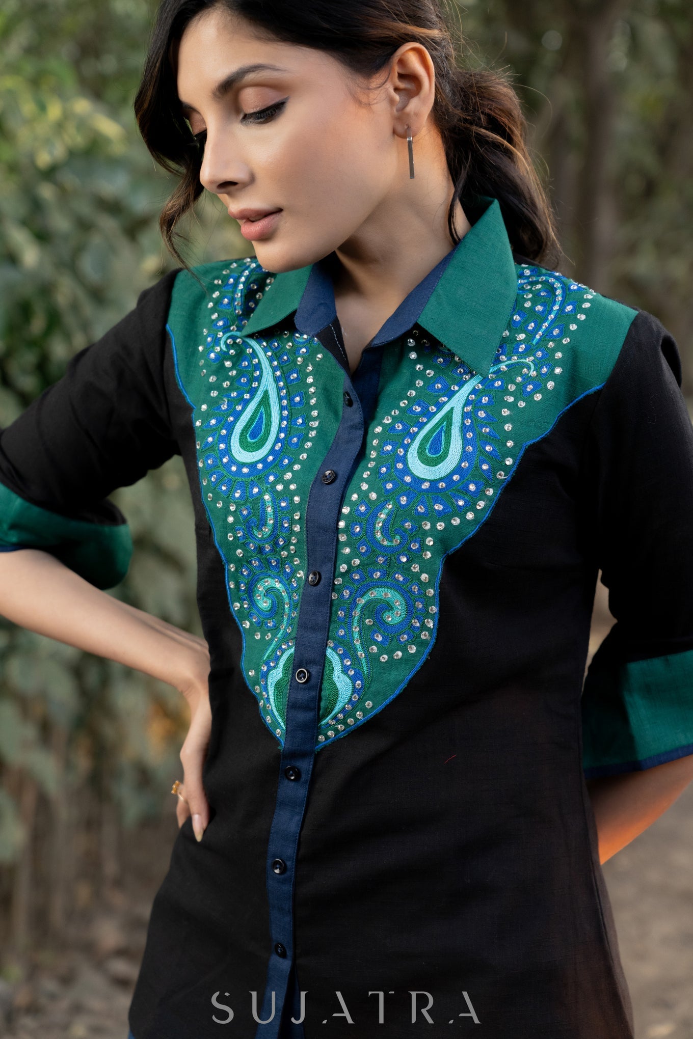 Standout Black Cotton Shirt with Paisley Embroidered Yoke and Silver Highlights