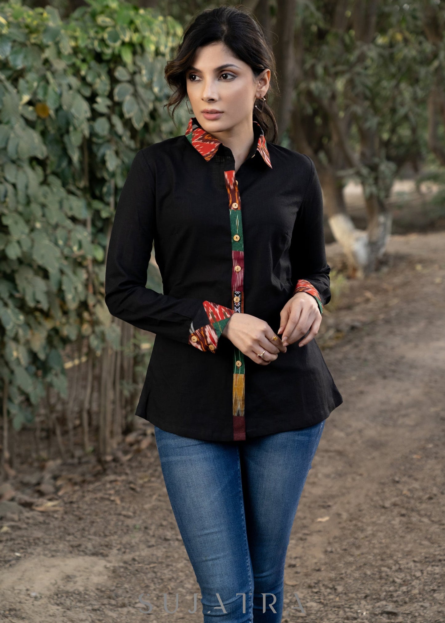 Exclusive Black Cotton Shirt Highlighted with Ikat Patchwork