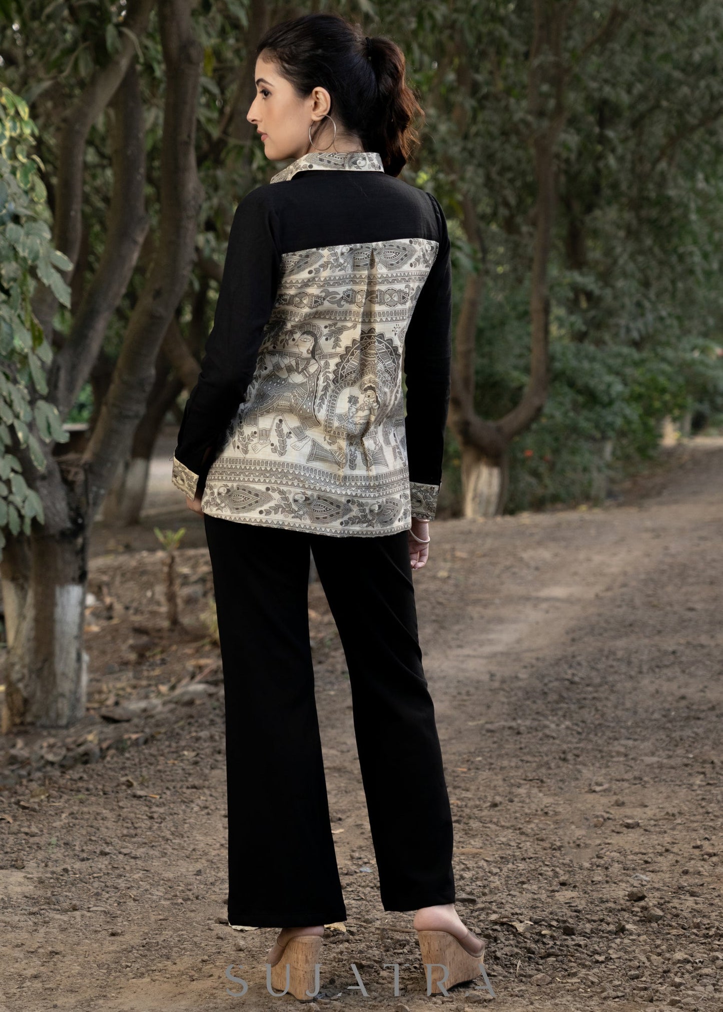 Elegant Black Cotton Shirt Highlighted with Madhubani Patchwork Combination