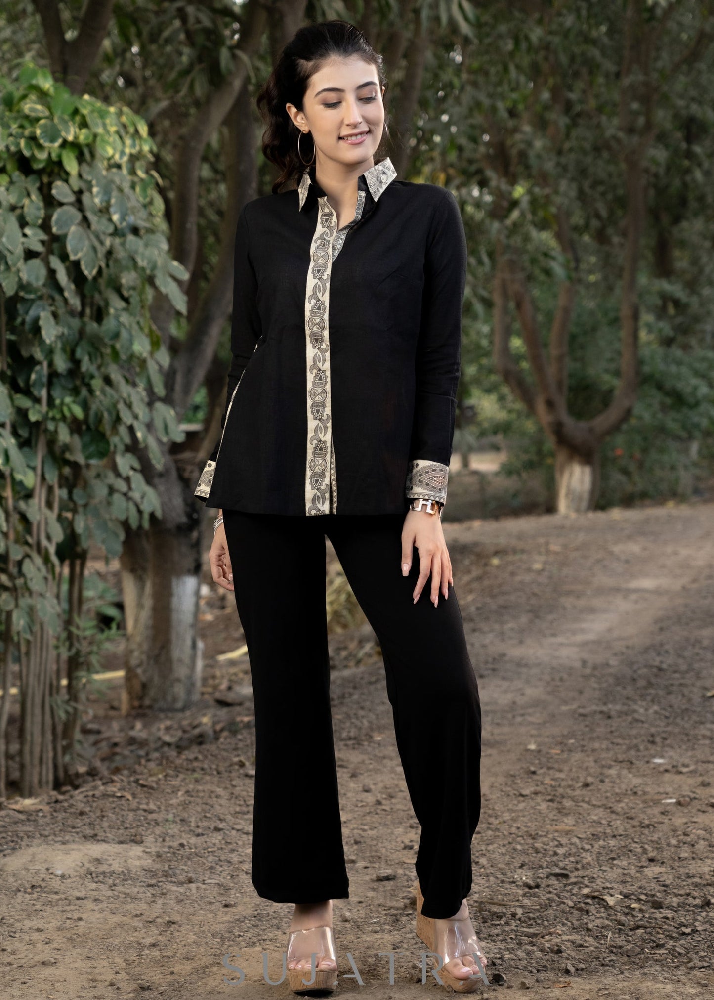 Elegant Black Cotton Shirt Highlighted with Madhubani Patchwork Combination