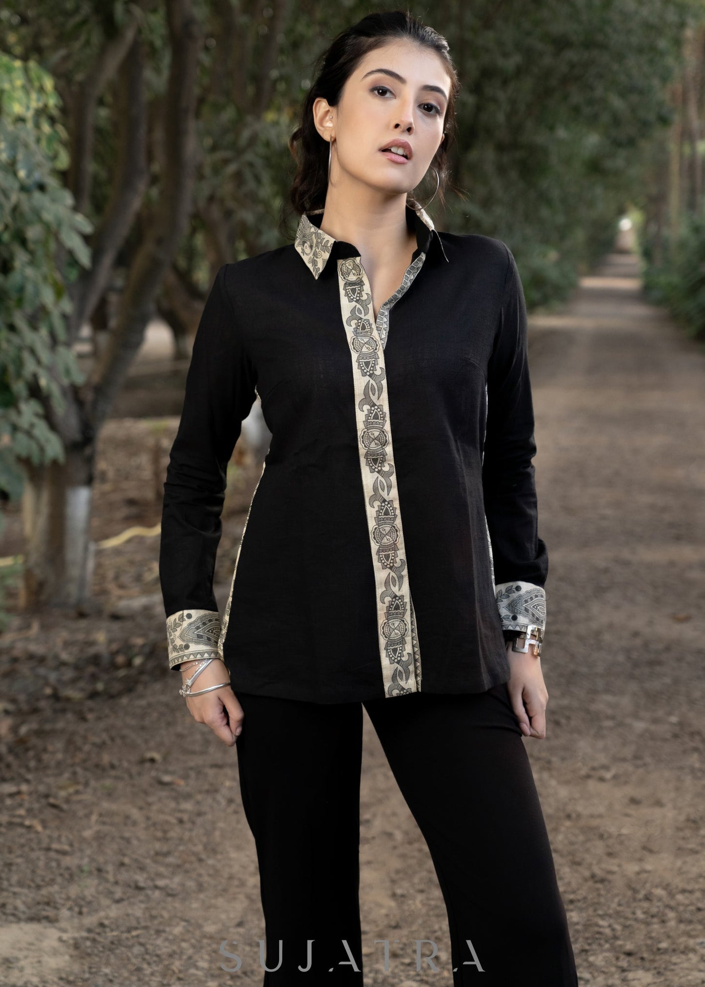 Elegant Black Cotton Shirt Highlighted with Madhubani Patchwork Combination