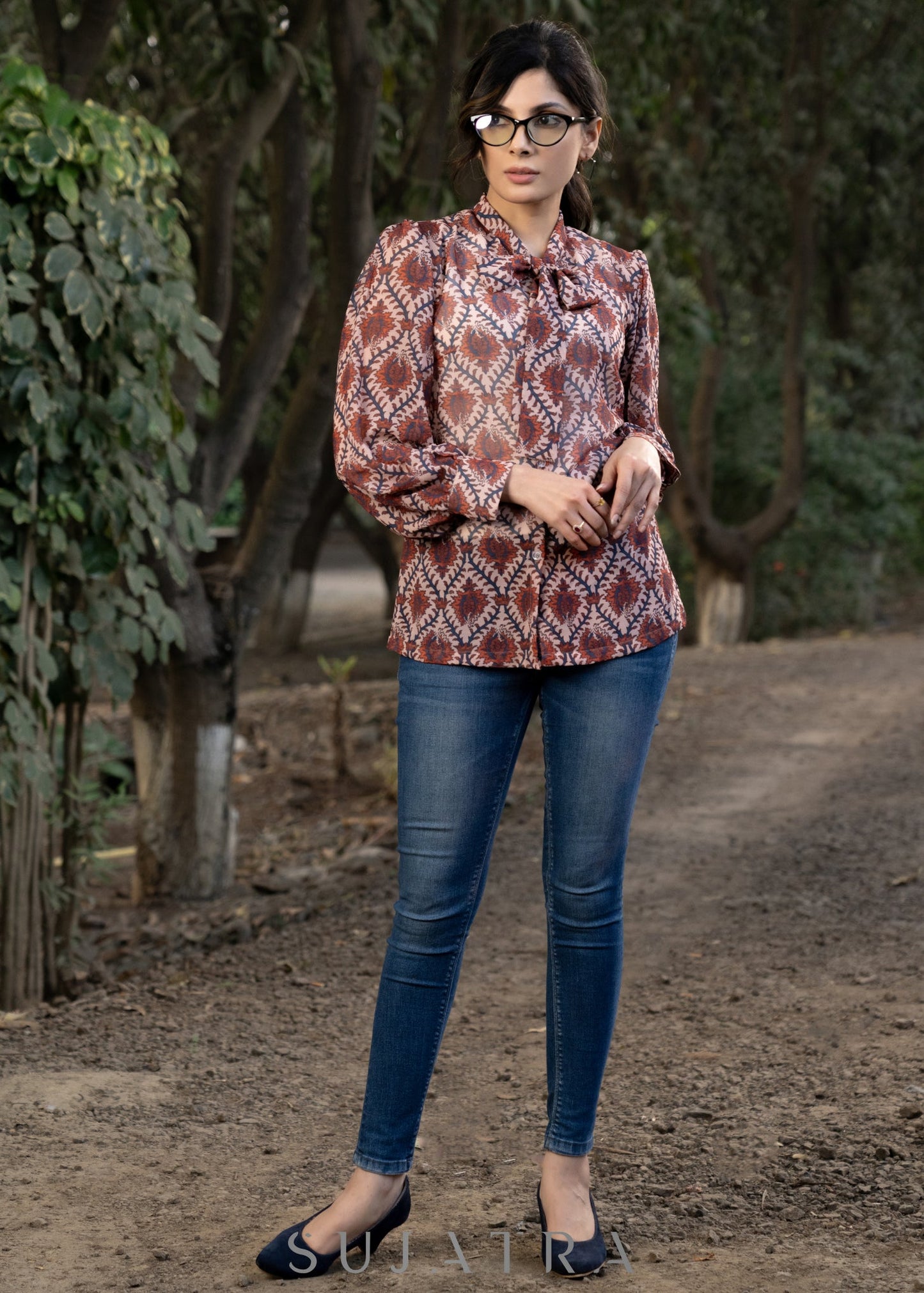 Classy Georgette Boroque Print Shirtwith Bow Tie Neck Pattern