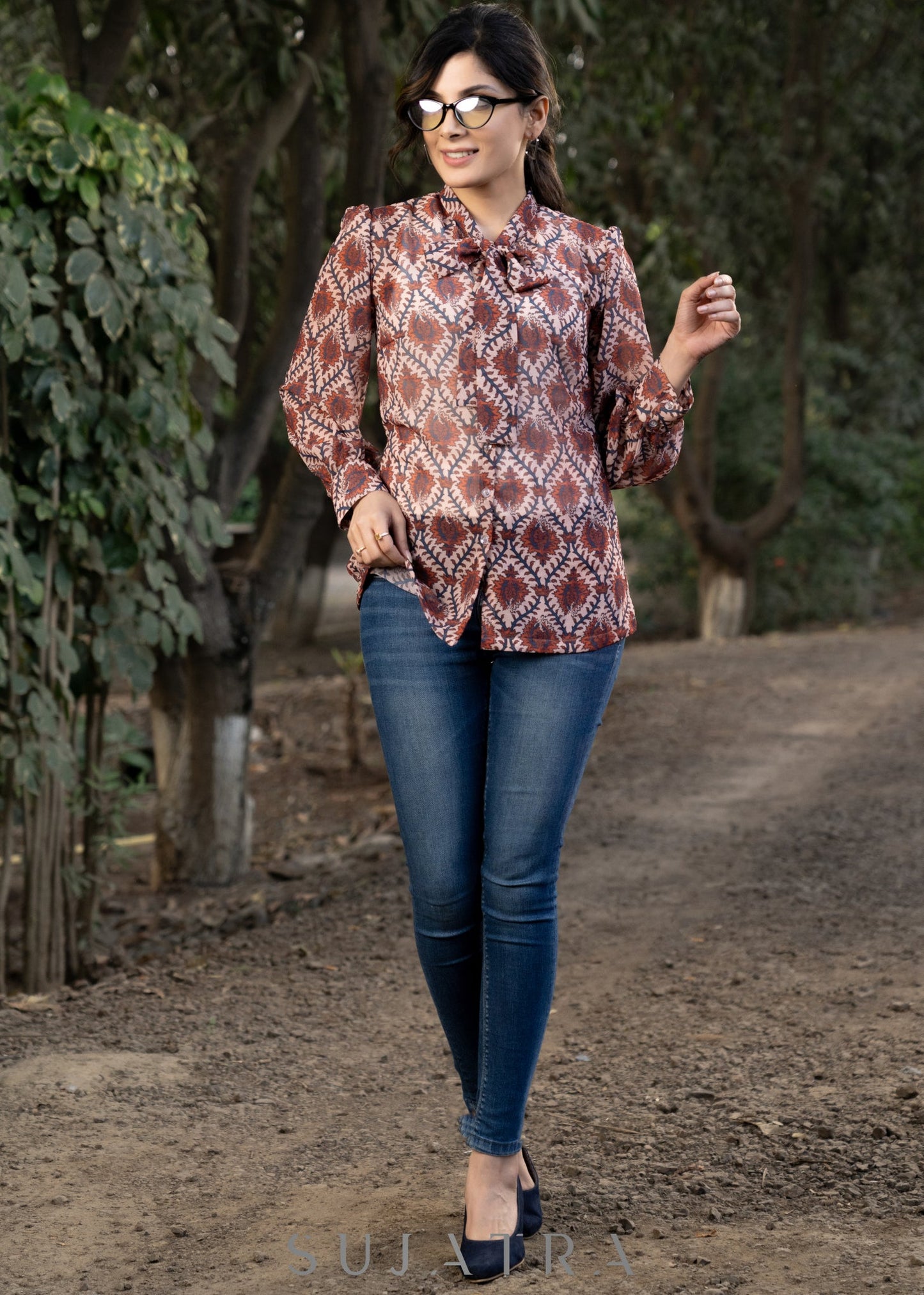 Classy Georgette Boroque Print Shirtwith Bow Tie Neck Pattern