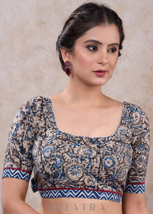 Elegant kalamkari blouse with indigo highlights